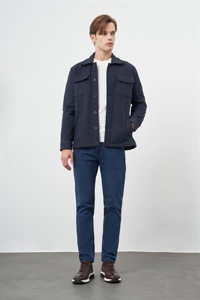 Koyu Lacivert Örme Polo Yaka Jakarlı Desen Yırtmaçsız Astarsız Slim Fit Classic Mont 1007245160