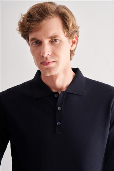 Lacivert Polo Yaka Cepsiz Comfort Fit Classic Yünlü Triko Kazak 1012255007