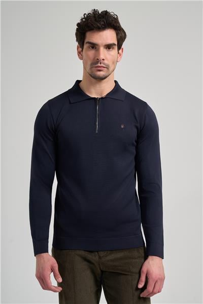 Koyu Lacivert Polo Yaka Düz Casual Pamuklu Slim Fit Triko 1012245250