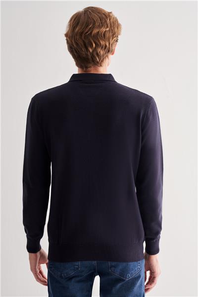 Koyu Lacivert Polo Yaka Uzun Kol Cepsiz Comfort Fit Pamuklu Triko Kazak 1012255214