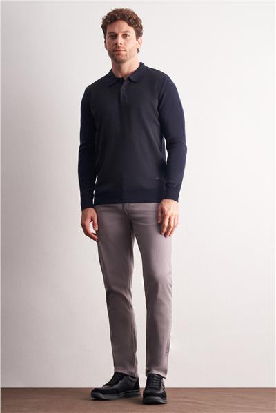 Koyu Lacivert Polo Yaka Uzun Kol Cepsiz Comfort Fit Pamuklu Triko Kazak 1012255218