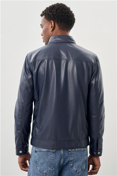 Koyu Lacivert Suni Deri Hakim Yaka Düz Yırtmaçsız Tam Astar Slim Fit Casual Deri Mont 1038245151