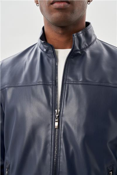 Koyu Lacivert Suni Deri Hakim Yaka Düz Yırtmaçsız Tam Astar Slim Fit Casual Deri Mont 1038245151