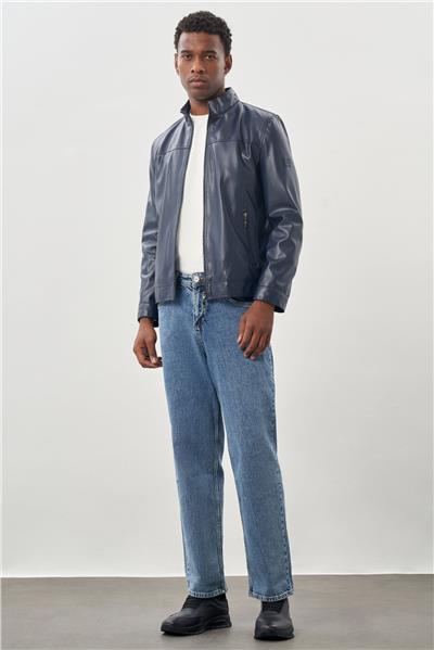 Koyu Lacivert Suni Deri Hakim Yaka Düz Yırtmaçsız Tam Astar Slim Fit Casual Deri Mont 1038245151