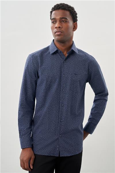 Koyu Lacivert Uzun Kol Cepli Pamuklu Classic Comfort Fit Gömlek 1004245215