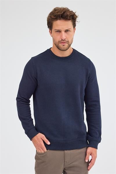 Koyu Lacivert Uzun Kol Bisiklet Yaka Düz Pamuklu Comfort Fit Sweatshirt 1013255150
