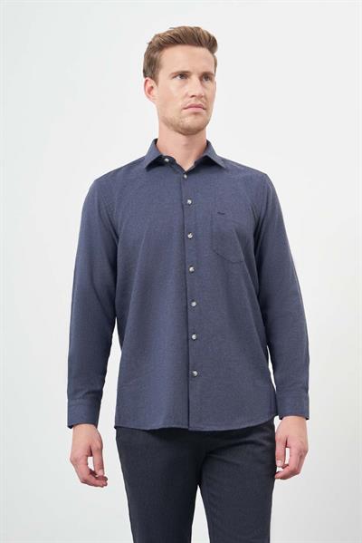 Koyu Lacivert Uzun Kol Düz Gabardin Sert Yaka Cepli Pamuklu Classic Comfort Fit Gömlek 1004245168