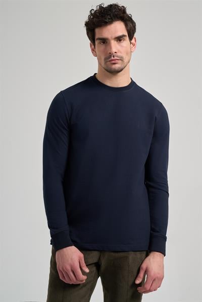 Koyu Lacivert Uzun Kol Düz Örme Bisiklet Yaka Cepsiz Pamuklu Sweatshirt