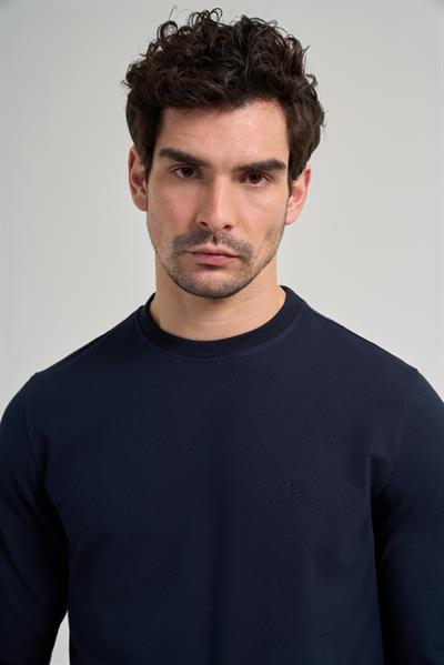 Koyu Lacivert Uzun Kol Düz Örme Bisiklet Yaka Cepsiz Pamuklu Sweatshirt