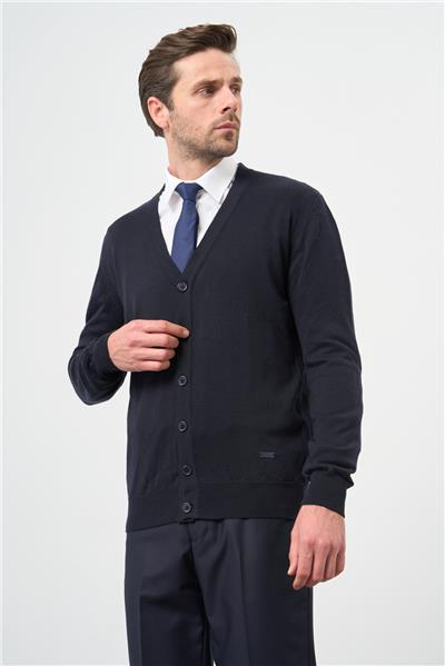 Koyu Lacivert Uzun Kol Düz Örme V Yaka Classic Comfort Fit Triko 1012245016