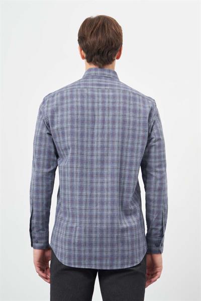 Koyu Lacivert Uzun Kol Ekose Desen Cepli Pamuklu Classic Comfort Fit Gömlek 1004245212