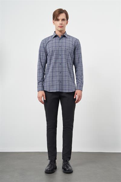 Koyu Lacivert Uzun Kol Ekose Desen Cepli Pamuklu Classic Comfort Fit Gömlek 1004245212