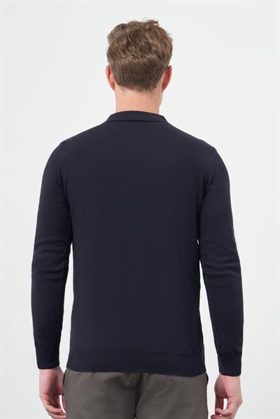 Koyu Lacivert Uzun Kol Kendinden Desenli Örme Polo Yaka Classic Comfort Fit Triko 1012245160