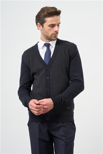 Koyu Lacivert Uzun Kol Kendinden Desenli Örme V Yaka Classic Comfort Fit Triko 1012245161