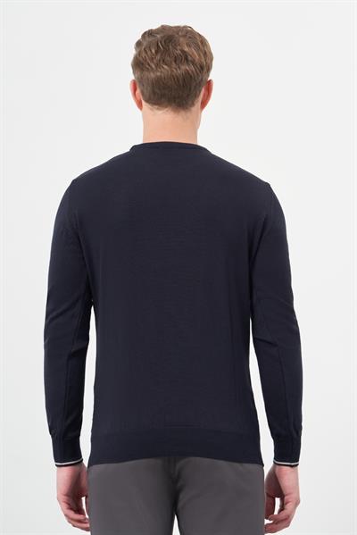 Koyu Lacivert Uzun Kol Kendinden Desenli Örme Bisiklet Yaka Classic Slim Fit Triko 1012245200