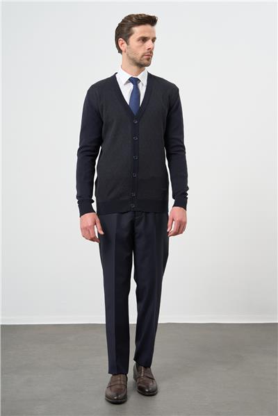 Koyu Lacivert Uzun Kol Kendinden Desenli Örme V Yaka Classic Comfort Fit Triko 1012245161