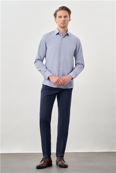 Koyu Lacivert Uzun Kol Armürlü Sert Yaka Cepsiz Pamuklu Classic Slim Fit Gömlek 1004245226