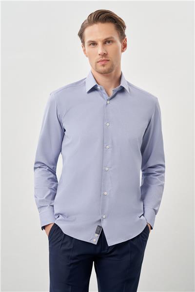Koyu Lacivert Uzun Kol Armürlü Sert Yaka Cepsiz Pamuklu Classic Slim Fit Gömlek 1004245226