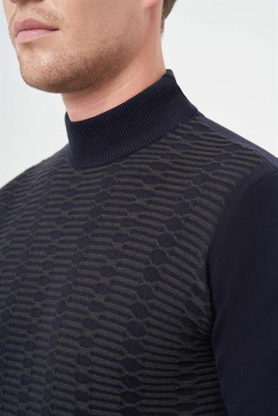 Koyu Lacivert Uzun Kol Kendinden Örme Yarım Balıkçı Yaka Classic Comfort Fit Triko 1012245157