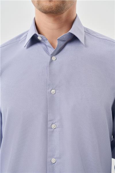 Koyu Lacivert Uzun Kol Armürlü Sert Yaka Cepsiz Pamuklu Classic Slim Fit Gömlek 1004245226