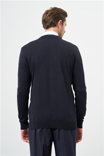 Koyu Lacivert Uzun Kol Kendinden Desenli Örme V Yaka Classic Comfort Fit Triko 1012245161