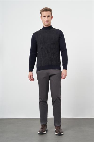 Koyu Lacivert Uzun Kol Kendinden Örme Yarım Balıkçı Yaka Classic Comfort Fit Triko 1012245157