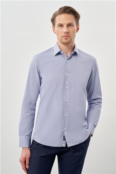 Koyu Lacivert Uzun Kol Armürlü Sert Yaka Cepsiz Pamuklu Classic Slim Fit Gömlek 1004245226