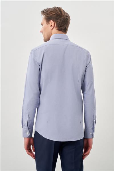 Koyu Lacivert Uzun Kol Armürlü Sert Yaka Cepsiz Pamuklu Classic Slim Fit Gömlek 1004245226
