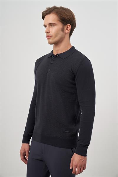 Koyu Lacivert Uzun Kol Kendinden Desenli Örme Polo Yaka Classic Comfort Fit Triko 1012245162