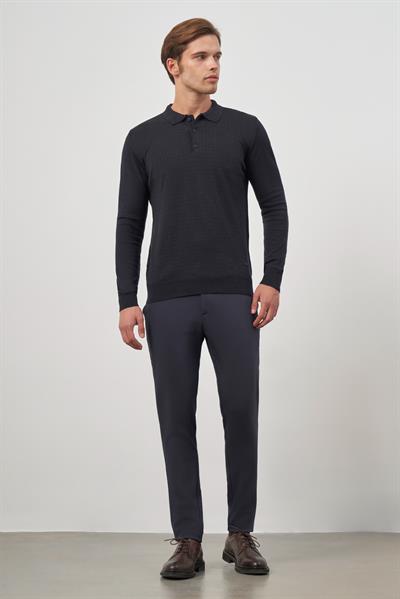 Koyu Lacivert Uzun Kol Kendinden Desenli Örme Polo Yaka Classic Comfort Fit Triko 1012245162