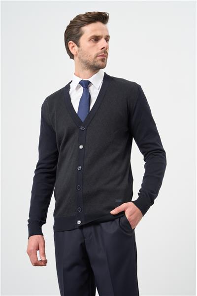 Koyu Lacivert Uzun Kol Kendinden Desenli Örme V Yaka Classic Comfort Fit Triko 1012245161