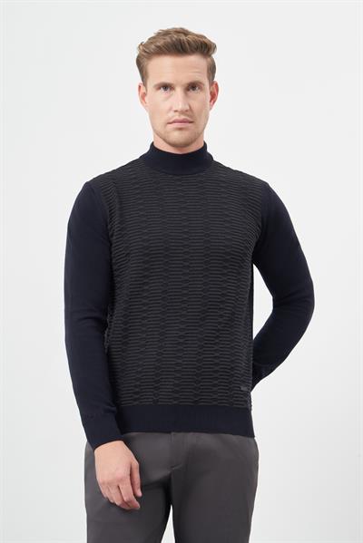 Koyu Lacivert Uzun Kol Kendinden Örme Yarım Balıkçı Yaka Classic Comfort Fit Triko 1012245157