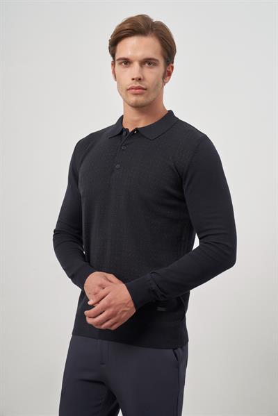 Koyu Lacivert Uzun Kol Kendinden Desenli Örme Polo Yaka Classic Comfort Fit Triko 1012245162