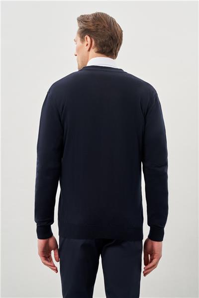 Koyu Lacivert Uzun Kol Örme V Yaka Comfort Fit Rahat Kesim Klasik Triko