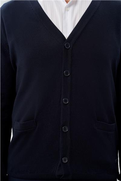 Koyu Lacivert Uzun Kol Örme V Yaka Comfort Fit Rahat Kesim Klasik Triko