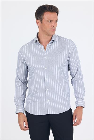 Lacivert Uzun Kol Yarım İtalyan Yaka Cepsiz Easy To Iron Slim Fit Esnek Gömlek 1004250227