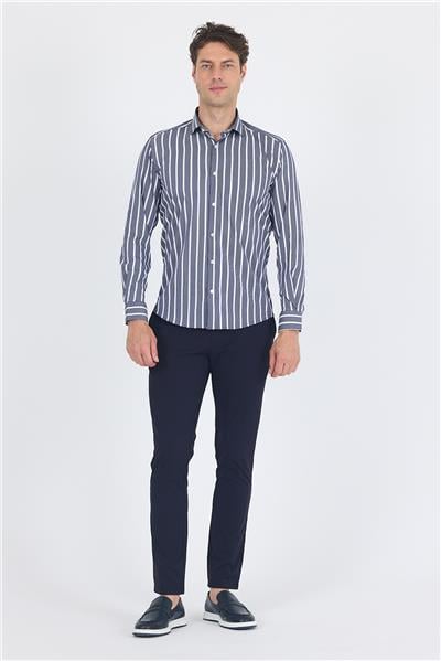 Lacivert Uzun Kol Yarım İtalyan Yaka Cepsiz Easy To Iron Slim Fit Esnek Gömlek 1004250228