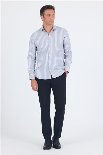 Lacivert Uzun Kol Yarım İtalyan Yaka Cepsiz Easy To Iron Slim Fit Esnek Gömlek 1004250227