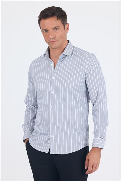 Lacivert Uzun Kol Yarım İtalyan Yaka Cepsiz Easy To Iron Slim Fit Esnek Gömlek 1004250227