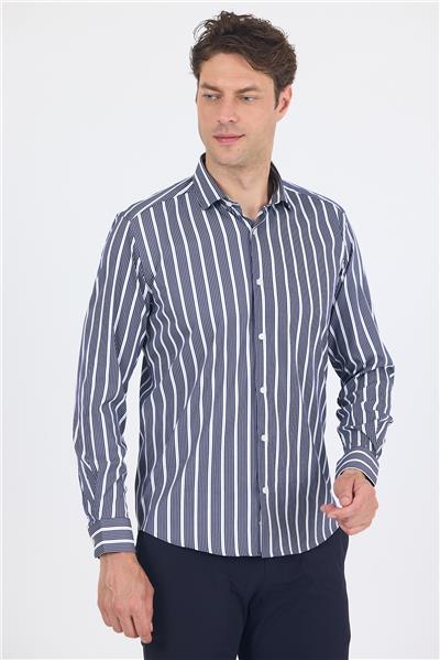 Lacivert Uzun Kol Yarım İtalyan Yaka Cepsiz Easy To Iron Slim Fit Esnek Gömlek 1004250228