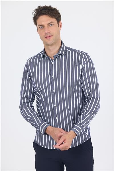 Lacivert Uzun Kol Yarım İtalyan Yaka Cepsiz Easy To Iron Slim Fit Esnek Gömlek 1004250228