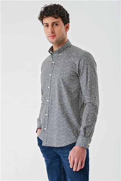 Uzun Kollu Baskılı Cepsiz Biyeli Pamuklu Likralı Slim Fit Gömlek 1004240141