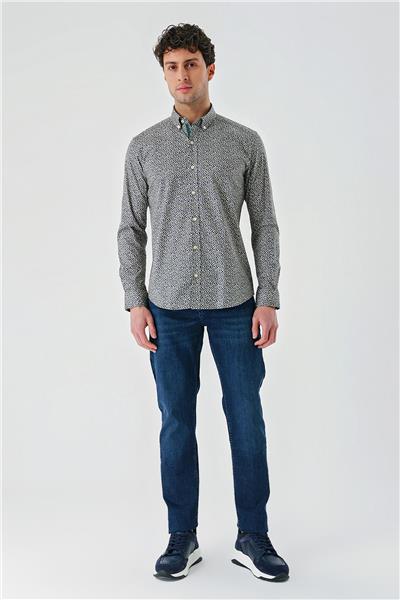 Uzun Kollu Baskılı Cepsiz Biyeli Pamuklu Likralı Slim Fit Gömlek 1004240141