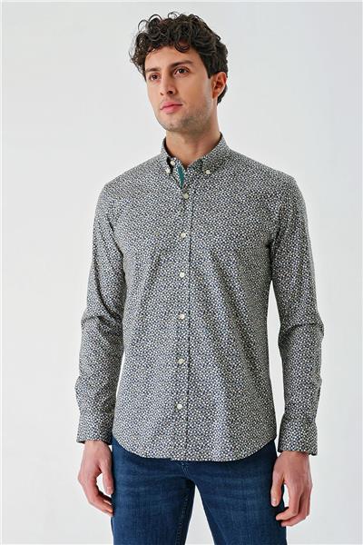 Uzun Kollu Baskılı Cepsiz Biyeli Pamuklu Likralı Slim Fit Gömlek 1004240141