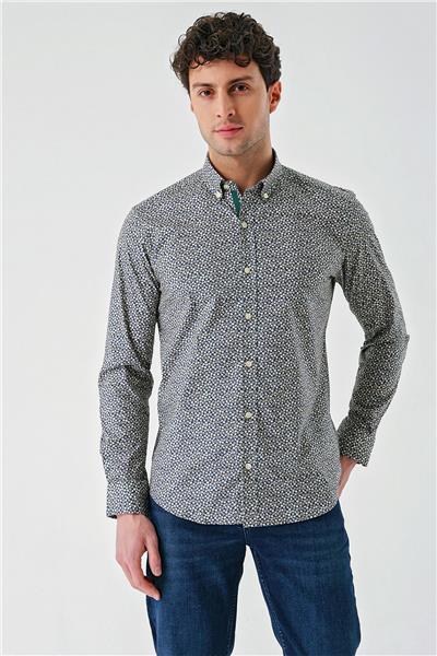 Uzun Kollu Baskılı Cepsiz Biyeli Pamuklu Likralı Slim Fit Gömlek 1004240141