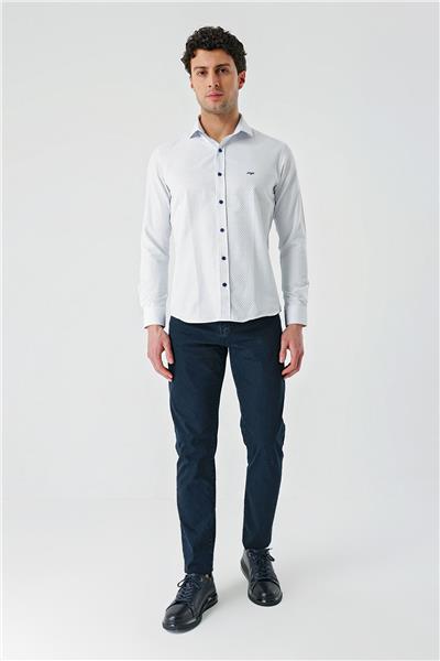 Lacivert Uzun Kollu Desenli Armürlü Cepsiz Pamuklu Klasik Slim Fit Dar Kesim Gömlek 1004240189