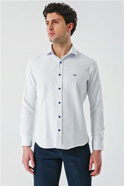 Lacivert Uzun Kollu Desenli Armürlü Cepsiz Pamuklu Klasik Slim Fit Dar Kesim Gömlek 1004240189