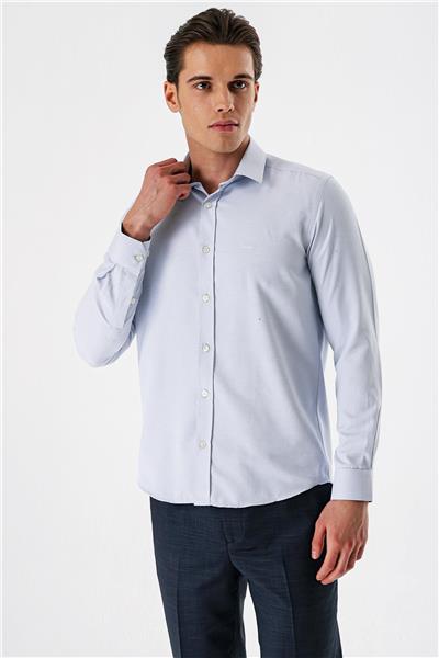 Lacivert Uzun Kollu Armürlü Cepsiz Pamuklu Slim Fit Gömlek 1004235171