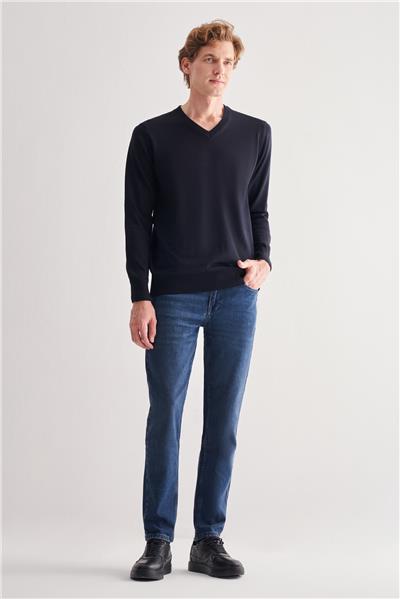 Lacivert V Yaka Uzun Kol Cepsiz Comfort Fit Classic Yünlü Triko Kazak 1012255002