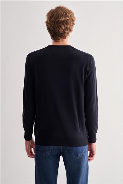 Lacivert V Yaka Uzun Kol Cepsiz Comfort Fit Classic Yünlü Triko Kazak 1012255002